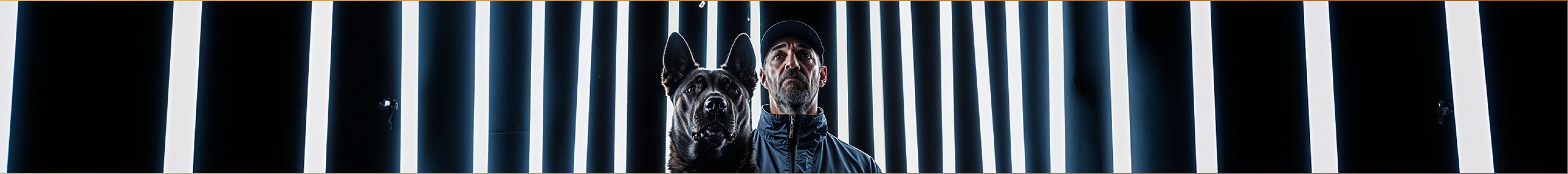 Dog in front of a man with lights in the background